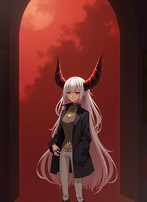 Descrição Resumida do Personagem mulher em Style Anime:**

- **Hair**:  Long and white , up to half the back.
- **Bright**:  Two curved horns emerge from the head .
- **First**: dark gray.
- **clothing**: shirt, tight white pants ;  golden tattoo on the to...