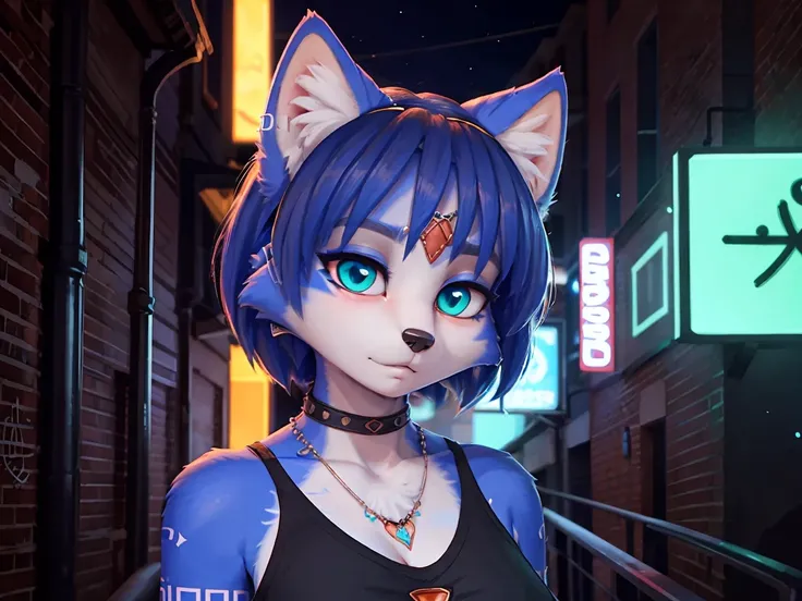 A portrait of  ((krystal)), Star Fox-Krystal, lovable, green eyes, ((( long blue hair 1 .3))), Decollete, anthro, Fuzzy,  detailed Fluffys fell, Detailed face, (Fluffy),  1 girl, Alone,woman, Goth, green eyes, undercut, ultra-realistic 8k cg ,  masterpiece...