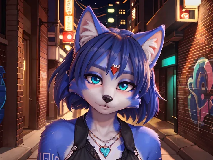 A portrait of  ((krystal)), Star Fox-Krystal, lovable, green eyes, ((( long blue hair 1 .3))), Decollete, anthro, Fuzzy,  detailed Fluffys fell, Detailed face, (Fluffy),  1 girl, Alone,woman, Goth, green eyes, undercut, ultra-realistic 8k cg ,  masterpiece...