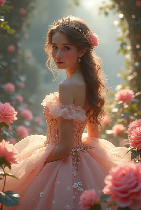 "A beautiful girl dressed as a princess in a flowing gown, surrounded by glowing flowers and magical creatures in an enchanted garden, soft pastel colors, and a dreamy atmosphere."
