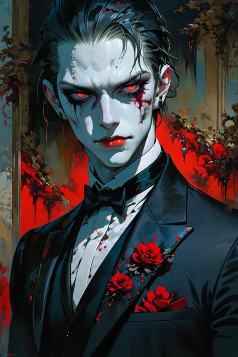 masterpiece, best quality, face fix, 1boy, orange hair, slender_eyebrow, long eyelashes, pink eyes, thick lips, black lips, business suit, tuxedo, rectangular eyewear, male focus, short hair, hair slicked back, white gloves, zombie, pale skin, zombie skin,...