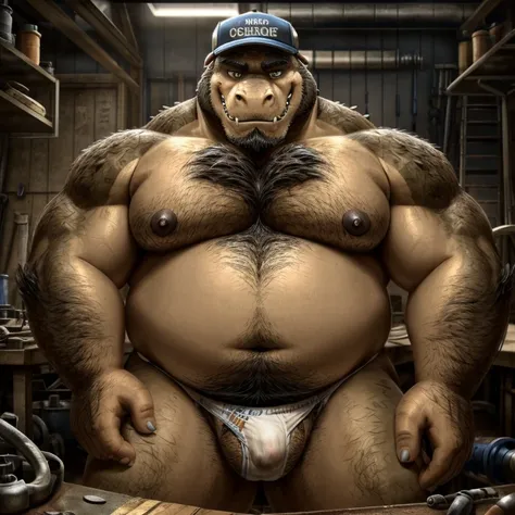 Big chubby, furry, fat, facial hair, lots of body hair, fat and saggy chest with a big moobs, anthropomorphic crocodile old daddy, wearing a hat and and a thin underwear, working as a mechanic in an old workshop. Looking at viewer. Make sure the resulting ...