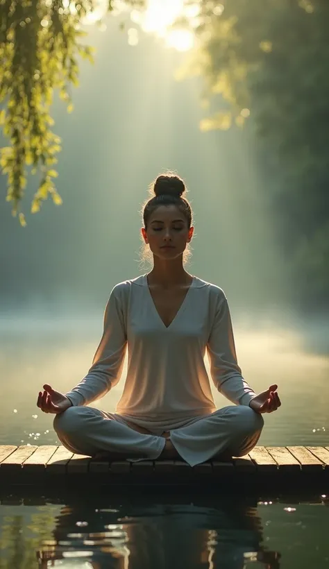 Hyper-realistic image of a person meditating outdoors on a wooden platform surrounded by tranquil water, their posture perfectly aligned. The lighting is soft yet dramatic, with the morning sun filtering through misty air and lush greenery. Their face refl...