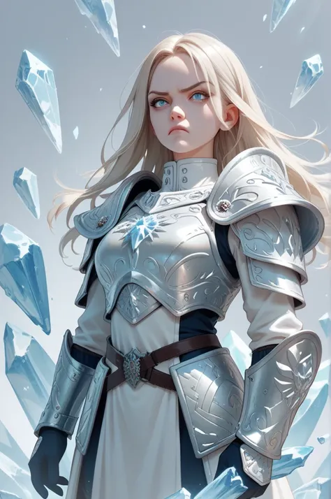 1girl, white woman, long platinum blonde hair, thin face, glare, arctic blue eyes, tall, thin build, white military armor, ice magic, 