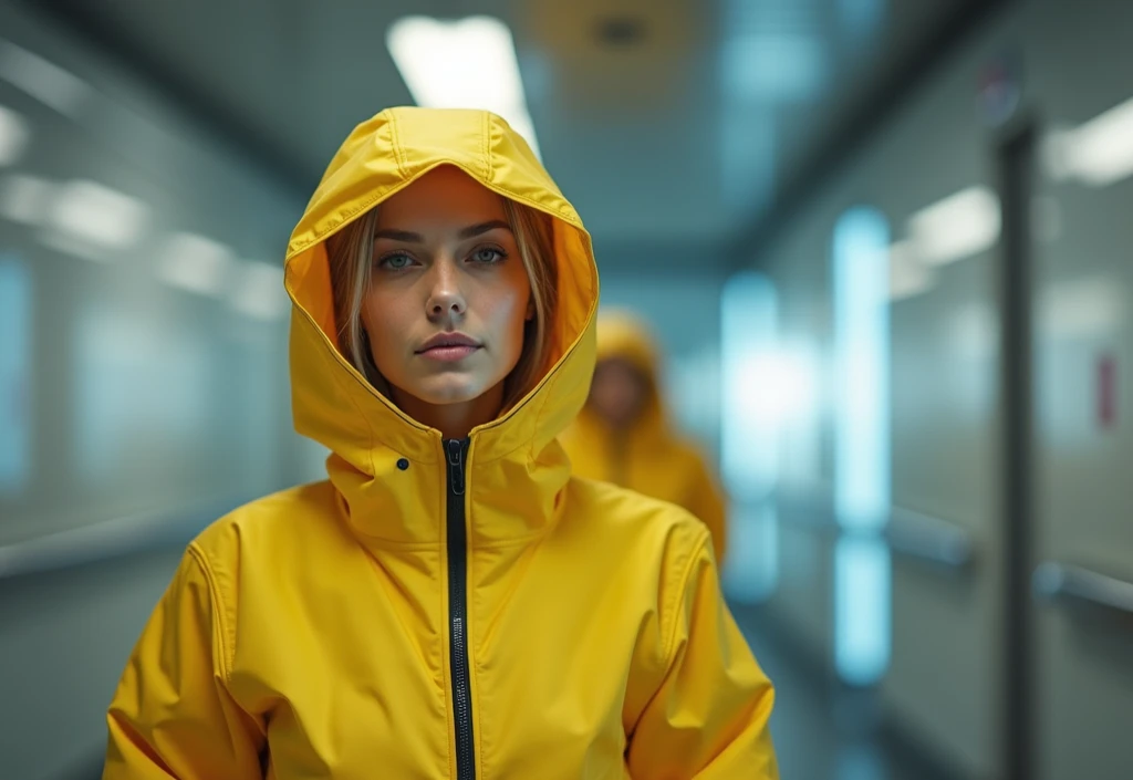 Alone, woman, going ,  yellow radiation protection suit