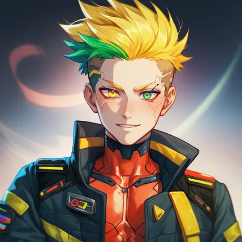 A boy, colored hair, green hair streak, yellow hair streak, red hair streak, yellow hair streak, colored cybernetic eyes, cyberpunk style, big hair, skinny, twink, pale, net-runner, hacker, hikikomori, lonely boy, a single guy, closed jacket, fully dressed...