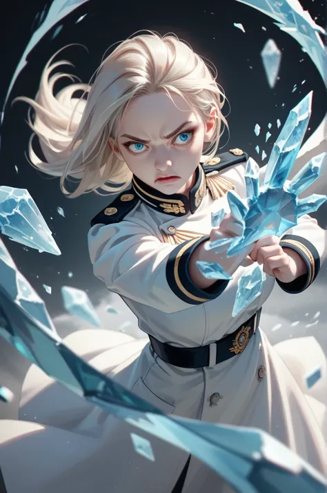 1girl, white woman, long platinum blonde hair, thin face,l, arctic blue eyes, tall, thin build, white military uniform, ice magic, fighting stance