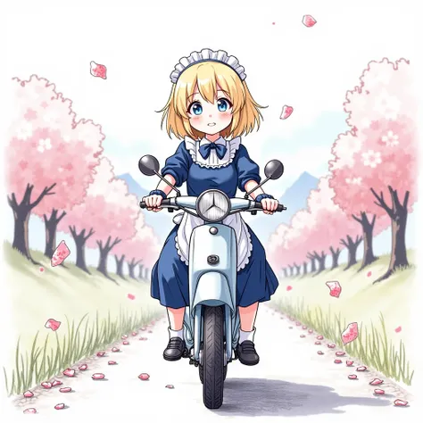 detailed, fun, humorous, intricate pencil drawing, of a cute girl in a navy blue maid outfit, blonde hair with a modern bob cut, riding a Honda Super Cub 110 (blue and white) on a Japanese farm road with a view of the Northern Alps, facing forward, surroun...