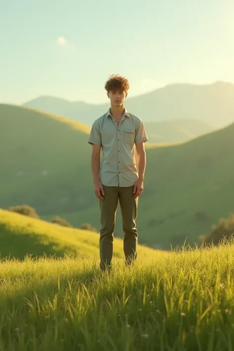 Young man in pant and shirt standing on the hill