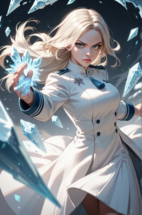 1girl, white woman, beautiful, long platinum blonde hair, thin face,l, arctic blue eyes, tall, thin build, white uniform, ice magic, fighting stance