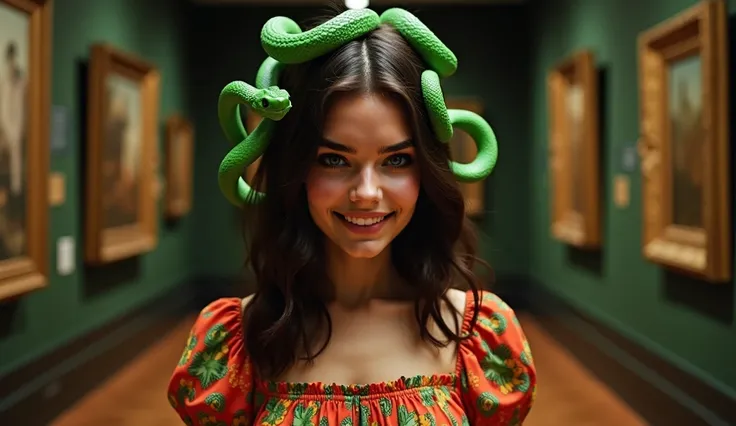 A young woman with medium length dark brown hair, with yellow snake eyes, scaly green skin and with green snakes in her hair, with soft waves and volume, poses with an intense facial expression, smiling. She has large, expressive eyes, defined eyebrows and...