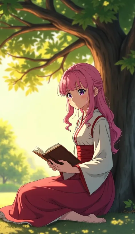 A young woman in anime style, pink hair cascading in soft waves, purple eyes sparkling with curiosity, dressed in traditional medieval Japanese attire, sitting gracefully beneath a sprawling tree. The tree casts intricate shadows over her as she holds a bo...