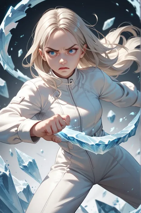 1girl, white woman, middle aged, long platinum blonde hair, thin face,l, arctic blue eyes, tall, thin build, white jumpsuit, ice magic, fighting stance