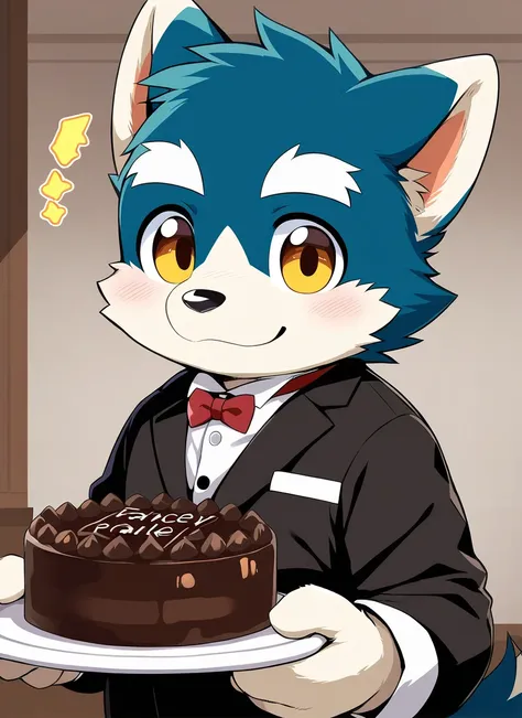 male, furry, 1boy, young wolf, handsome, white eyebrows, waiter, serving a chocolate cake, high res, best quality, 8k, clear detail, fancy