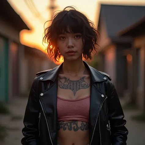 Asian Girl, Have a tattoo,  Beautiful Tattoos ,  black leather jacket. Captured with Canon 3D high quality camera,8k,Women are looking straight at the audience., Short curly hair , Bangs,  Glazed Tile Skin , Glowing Skin , , strong abdominal muscles , Glow...