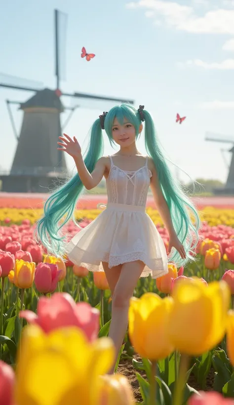  Hatsune Miku around 18 years old 、 Hatsune Miku Skipping in a Tulip Field of Various Colors Where You Can See Windmills、 Hatsune Miku Waving to Viewers 、 Hatsune Miku in White Lolita Fashion 、、Pretty Butterflies 々A special festival for 、 The Suns Light Cr...