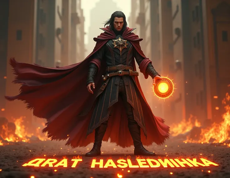 Parzival from the movie PLAYER ONE. He is in the form of a wizard warrior, holding a magical EXTRA LIFE token. On the ground, in flames, is written "брат Наследника".