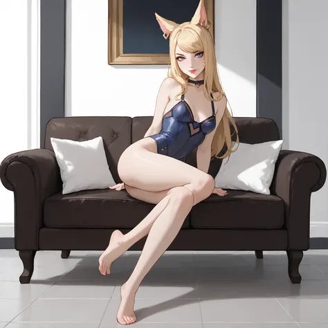 ((full body photo, standing, feet on the ground)) KDA Ahri LoL PD,  (sitting on two-seater sofa, legs crossed), hands tied behind her back, masterpiece, best quality, showing feet, (profile photo ), highly detailed, score_9, score_8_up, score_7_up, score_6...