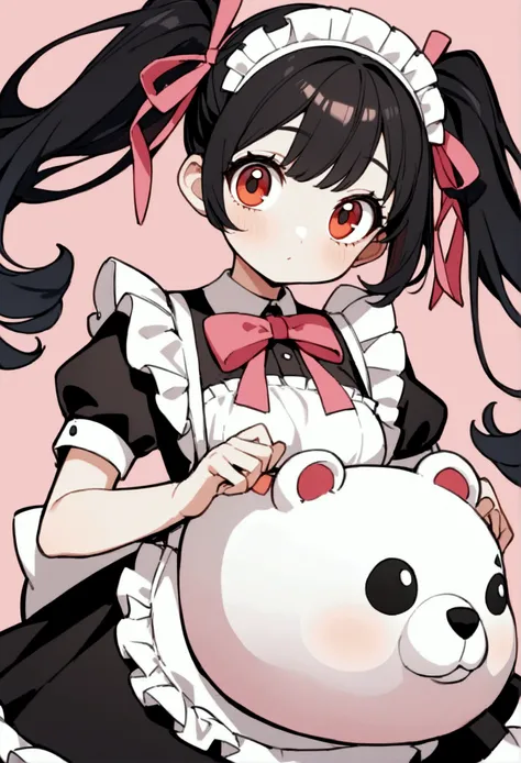 1 Girl, cute, big eyes, amber eyes,hair(long hair,black hair, Inner circle color pink ),( background pink ribbon float ( ,  high resolution, top-quality, top-quality,Second Dimension,twintails, black hair , holding a white polar bear doll,Wearing maid outf...