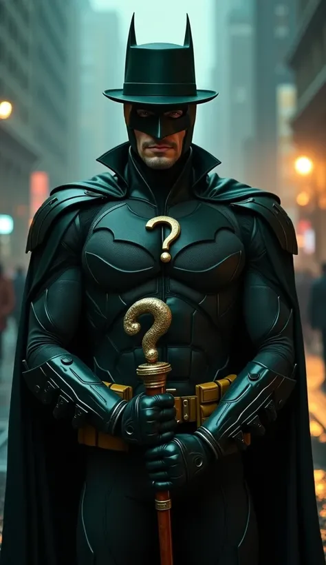 An ultra-realistic fusion of a dark, vigilant hero and a cunning intellectual villain. The character wears a sleek, tactical dark suit, blending Batman’s high-tech armor with the sharp elegance of formal attire. The suit features subtle question mark motif...