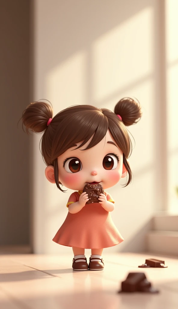 A cute cartoon girl eating chocolate in a room Minimalism, 