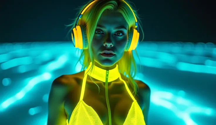 Bioluminescent masutepiece,award - winning photo, Extremely detailed,beach, cyberpunk style, , Curvy Russian yellow hairs model . With headphone. Big boobs.Their noses are usually straight or slightly pointed, and they often have large, expressive eyes. Th...