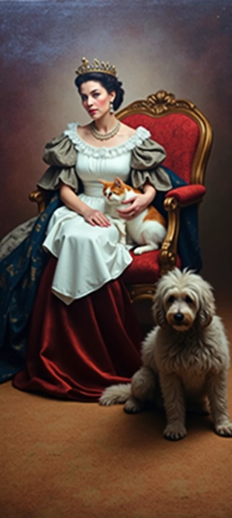 Portrait of the Queen with a face from the photo with a white-red cat on her hands and a shaggy dog next to 