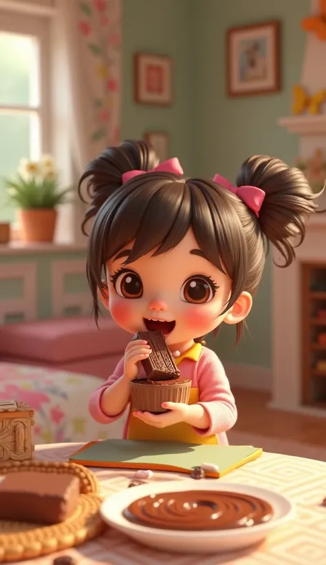 A cute cartoon girl eating chocolate in a room 3D Rendering, 