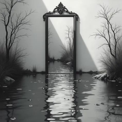 mirror glass painting in black and white colour with water also make it look like a photography for painting reference