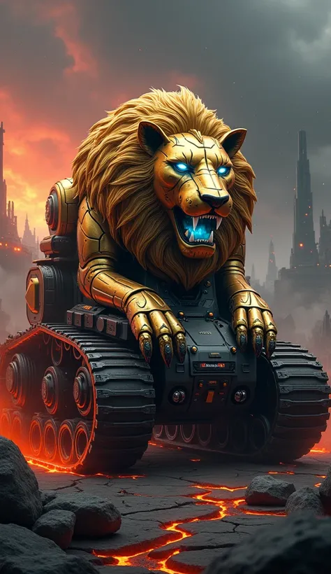 This image depicts an awe-inspiring hybrid vehicle that merges the majestic ferocity of a lion-like creature, Lionardo, with the destructive power of a military tank. The front of the vehicle is shaped like a mechanical Lionardo, its mane crafted from intr...