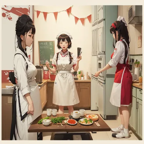  anime characters are talking in a kitchen with food on a table, ( waitress ) girl, praise girl, praise art, cooking show , praise, Manhwa, Lo-fi,   by Kim Jeong-hui  , praise artstyle, Restaurant!, by Jang Seung-eop, promotional art, Cafeteria,  Illustrat...