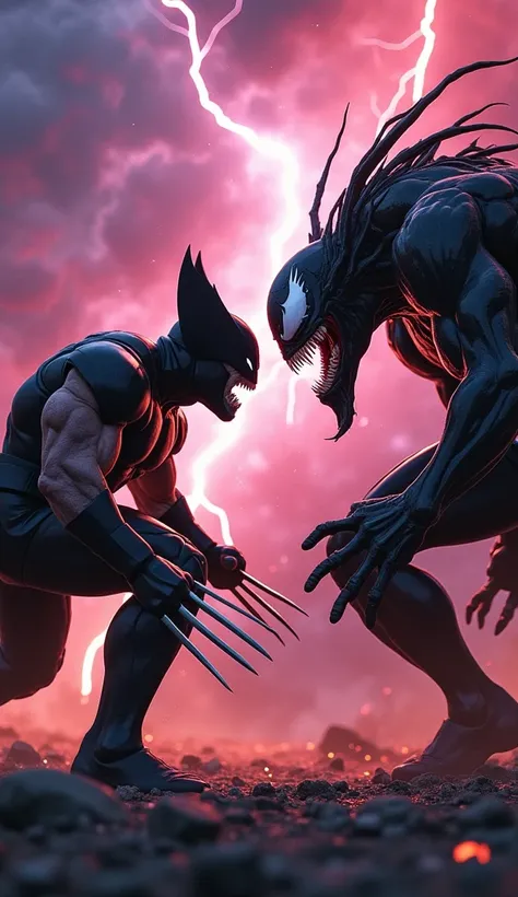 "Create an intense, eye-catching scene where Wolverine and Venom are facing each other in an aggressive, angry confrontation. Wolverine, with his adamantium claws extended, is crouched in a combat stance, his fierce eyes glowing with rage. Opposite him, Ve...