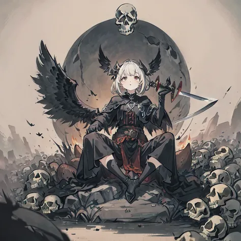 girl,((sitting)),
((full body)),
((skulls)),
((No background)), 
((small black wings)),
((holding long black bladed sword))