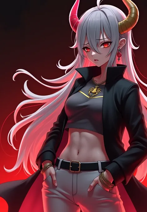 Descrição Resumida do Personagem mulher em Style Anime:**

- **Hair**:  Long and white , up to half the back.
- **Bright**:  Two curved horns emerge from the head .
- **First**: dark gray.
- **clothing**: shirt, tight white pants ;  golden tattoo on the to...