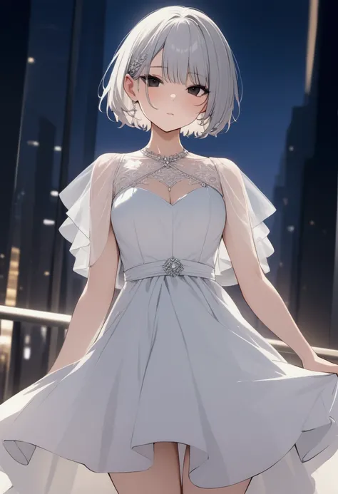 ((masterpiece)), ( best quality), (Simple style), silver hair black eye short hair white dress high socks