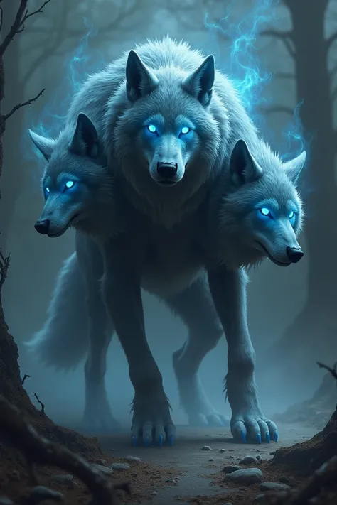 Cerberus-Wolf Hybrid: A wolf with three heads and glowing blue eyes