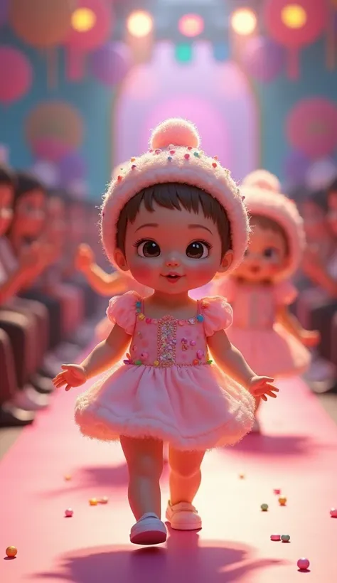 A baby fashion show runway with s dressed in adorable cupcake-themed outfits, featuring fluffy frosting hats and sprinkle designs, under bright stage lights and colorful decorations, with cheering parents in the audience