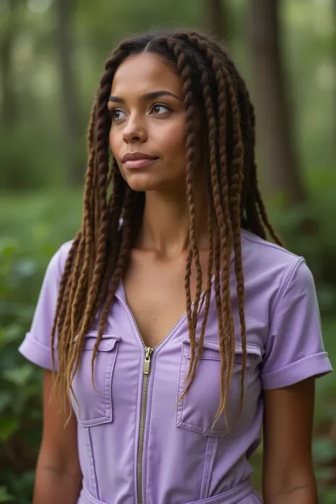 Women, caucasian, dreadlocks of brown hair , neckline,  Pastel purple canvas short sleeve fitted jumpsuit without zipper,  chest close up, torso view, wilderness