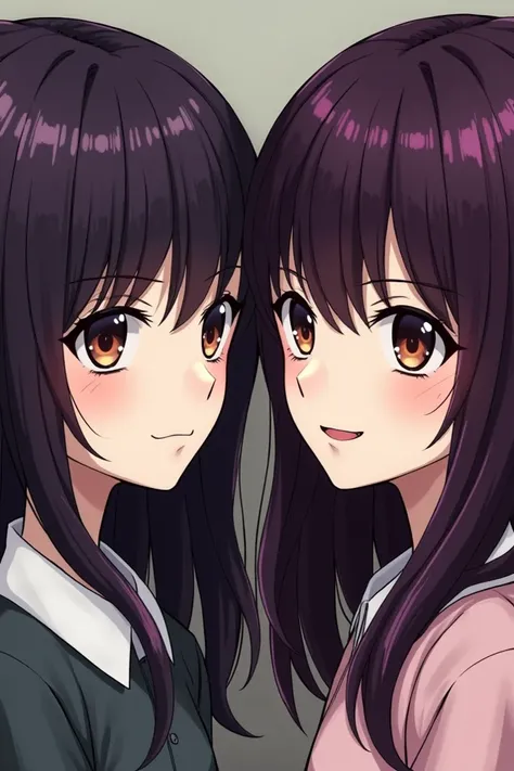  style Two twin girls both with dark purple hair ,  one of them with a mole near the right eye and the other on the left, Hazel-colored eyes and one serious and the other smiling in Junji Itos Uzumaki style
