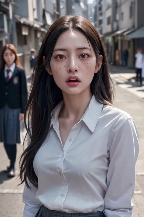 (((realistic  photograph))),,  portrait, (scary face:1.3),, Beautiful girl, looking at the spectator, , ( school uniform:1.2),  Buttoned shirt and pants , , (busty neckline :1),, On the street in Japan , (Environment details:1.3),, ( RAW photo, unidad cg, ...