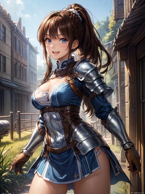  extremely detailed CG Unity 8K wallpaper , Beautiful paintings, (( brown hair、 ponytail:1.2)), ((Azure Eyes:1. 4)),  shiny hair, Thick bangs, (( I show my white teeth and laugh : 1. 2)), ((Image Processing Algorithms:1.5)),  high pixel density in front of...