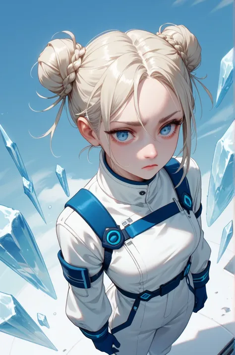 white woman in her 40’s, long platinum blonde hair tied in one bun, thin face, arctic blue eyes, tall, thin build, white jumpsuit, sky blue gloves, ice alchemy, standing in reflective ocean, from above