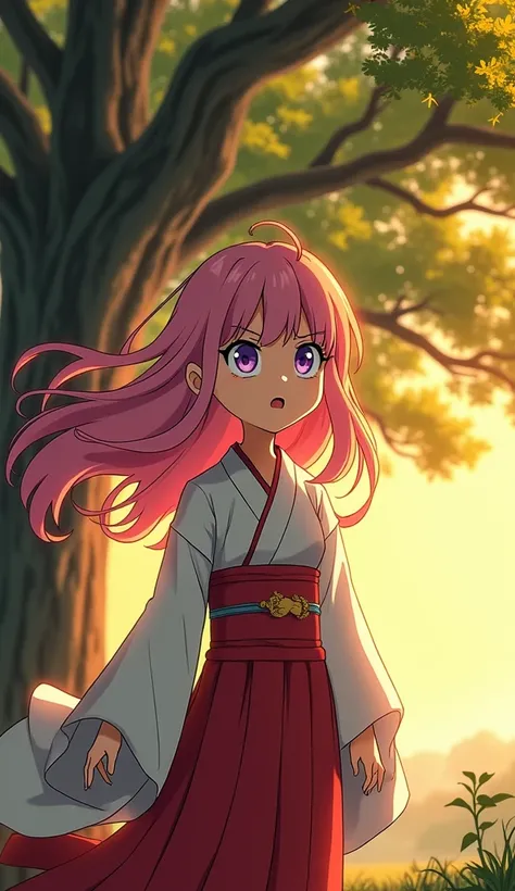 A young anime-style woman with flowing pink hair and wide, startled purple eyes, dressed in an ornate medieval Japanese kimono. She stands abruptly under a sprawling tree, her posture tense as she gazes fearfully at the horizon. The golden afternoon light ...