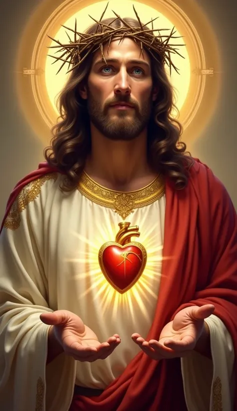 “An artistic depiction of Jesus Christ in a realistic style, with bright blue eyes and a warm, gentle smile. He is wearing a white tunic adorned with intricate golden details and a red mantle. The crown of thorns rests on his head, with the thorns highligh...