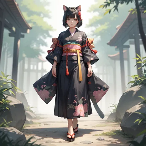  young woman　 black hair　 bob cut 　Cat ears　Armor　kimono　full body shot　No pose from the front