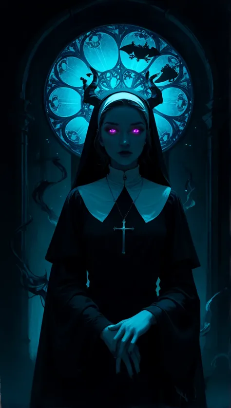 (limited palette:neon blue and violet ),sexy nun, black woman, bare chested, devil horns (large), highly detailed, dmt, witch, geodes, glowing eyes, light flowing in and out of her body, flowing glowing water, metal, frog, art nouveau