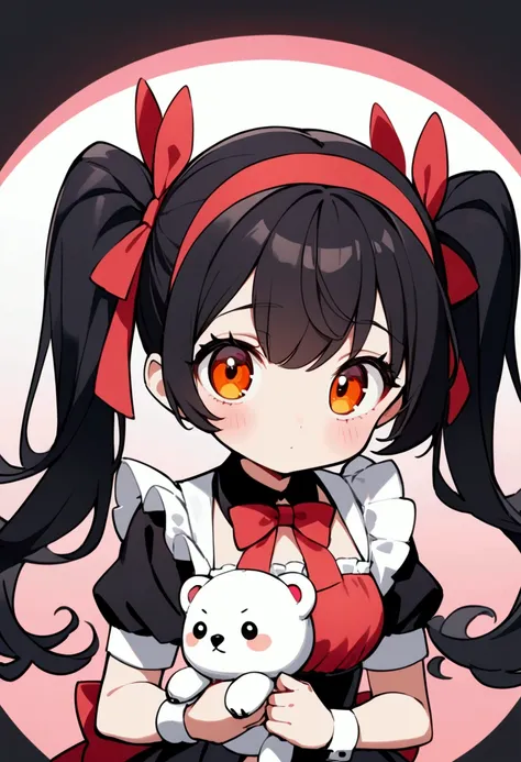 1 Girl, cute, big eyes, amber eyes,hair(long hair,black hair, Inner circle color pink ),( background pink ribbon float ( ,  high resolution, top-quality, top-quality,Second Dimension,twintails, black hair ,HOLDING A WHITE POLAR BEAR DOLL,Wearing maid outfi...