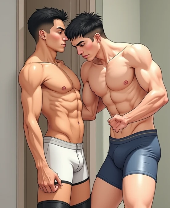 Two young men in an apartment, Antonio and Daniel, Antonio is teaching Daniel professional wrestling, ((Antonio is a young Latino wrestler, shirtless, military hair, thin, tight blue lycra pants, ((black boots), (long medieval prince boots)), ((Daniel is a...