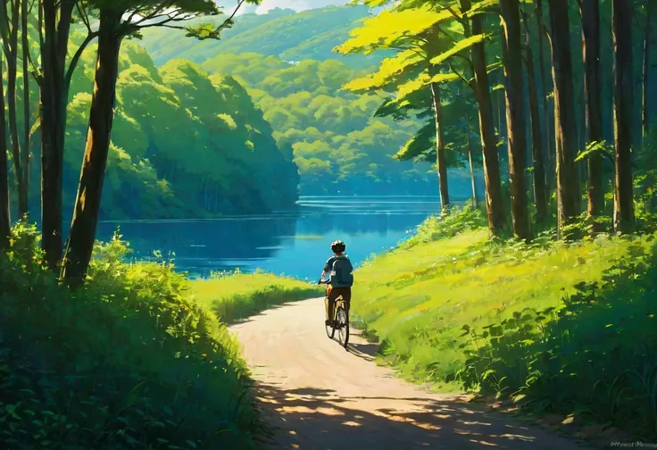 Bicyclist in foreground, Low-fi landscape, Nature, silent lake, sun, forest, Liquidation, bush, Landscape background, shadows, contrast, Shinkai Makoto ( best quality :1.3), ( high resolution:1)  Studio Ghibli Artwork,  bright colors, Impressionism