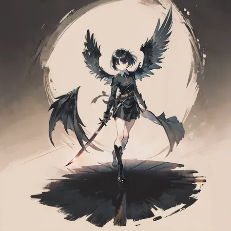 girl,
((full body)),
((No background)), 
((small black wings)),
((holding long black bladed sword))